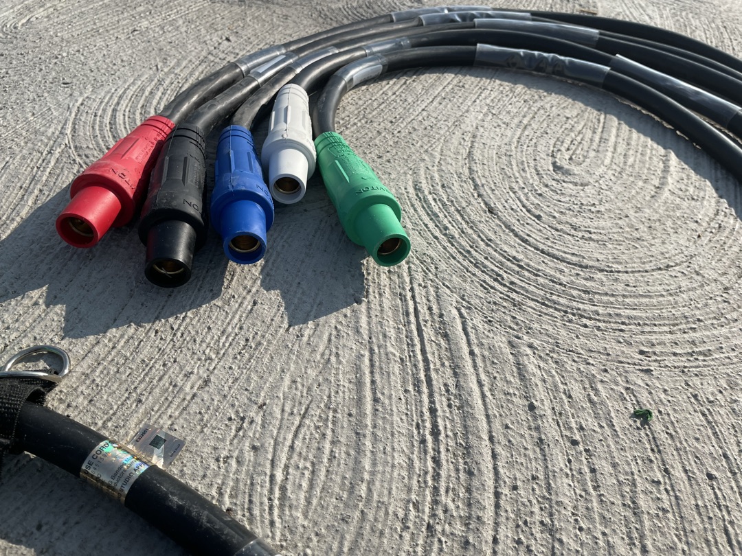 Color-coded cam-lock connectors for three-phase temporary power by Burlingame Brothers Electric
